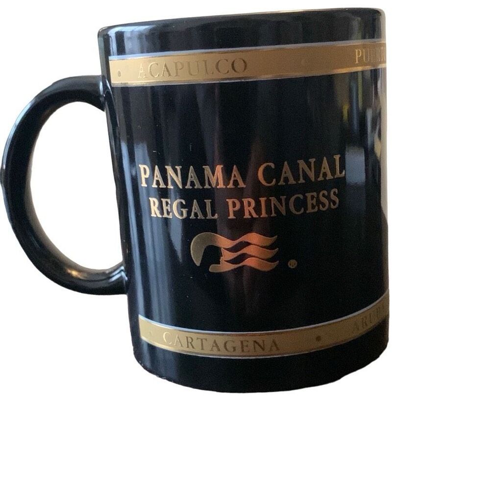 Pre Owned Regal Princess Panama Canal Cruise Coffee Mug Cup Gold Blue